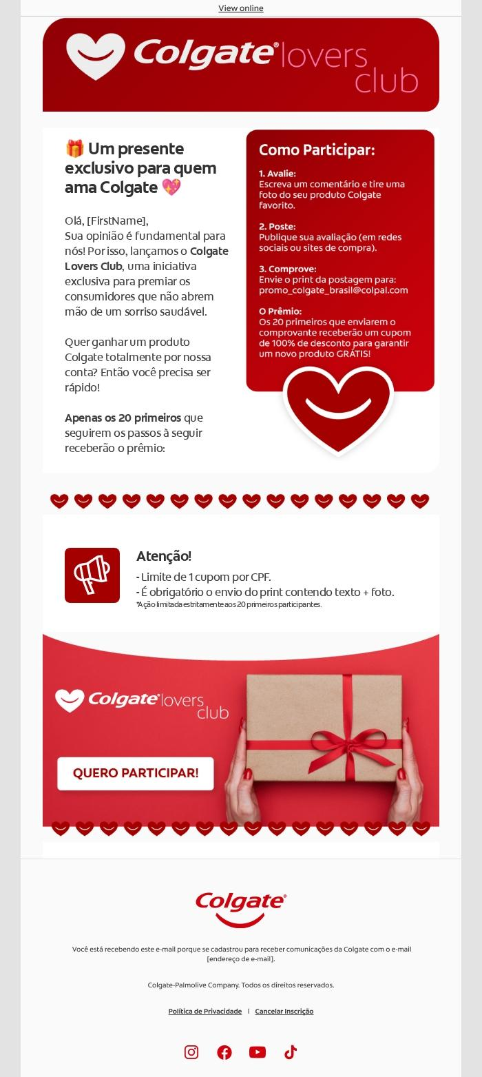 Convite oficial do Colgate Lovers Club enviado aos creators